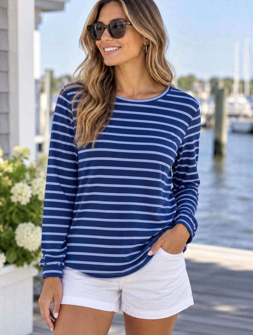 Chicos Blue Striped Sweatshirt Sz Xl